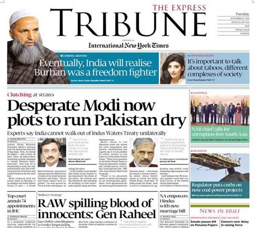 sushma swaraj, pakistani media, pak media on india, sushma speech unga, indus waters treaty, india pressurising pakistan, india-paksitan relations, pakistan attacking india, pakistani media covering uri, pak media on india, express tribune, dawn news, pakistan observer, India news, Internartional news, jansatta