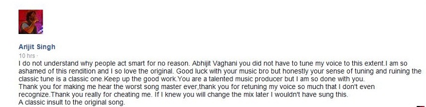 अरिजीत सिंह की फेसबुक पोस्ट जो उन्होंने बाद में डिलीट कर दी। (फेसबुक स्क्रीनशॉट)