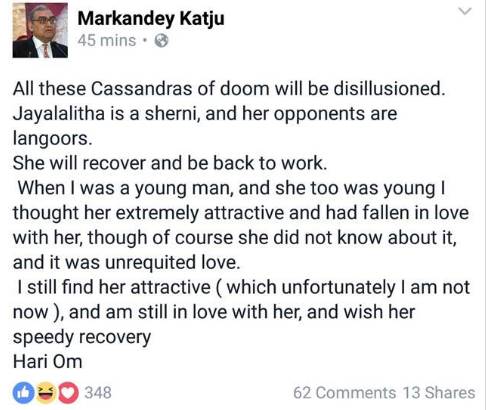 Markandey Katju, Katju to Jayalalithaa,Jayalalithaa health