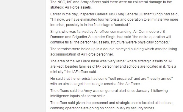 चार जनवरी 2016 को एनडीटीवीके सजीव प्रसारण से पहले सेना ने एक प्रेस वार्ता में पठानकोट हमले से जुड़ी जानकारी दी थी। उस दिन के एशियन एज अखबार में प्रकाशित सेना का बयान। (स्क्रीनशॉट)