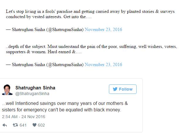 शत्रुघ्न सिन्हा के ट्वीट्स का स्क्रीनशॉट। 