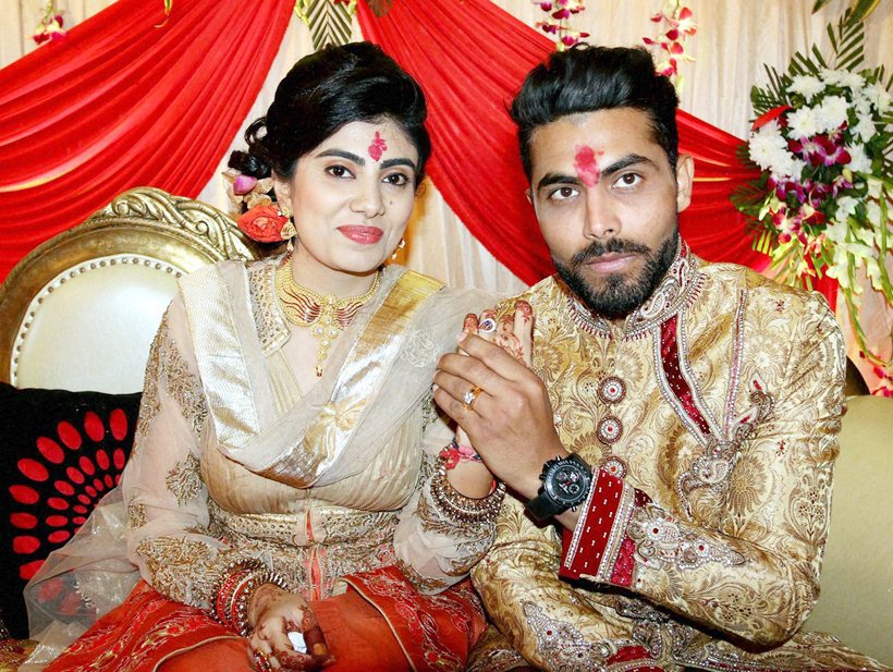 Rajkot: Indian cricketer Ravindra Jadeja after his engagement with Rivaba Solanki, daughter of a businessman, at a hotel in Rajkot on Friday. PTI Photo(PTI2_5_2016_000025B) *** Local Caption ***