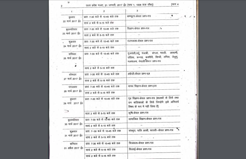 UP Board 10th Class Date Sheet