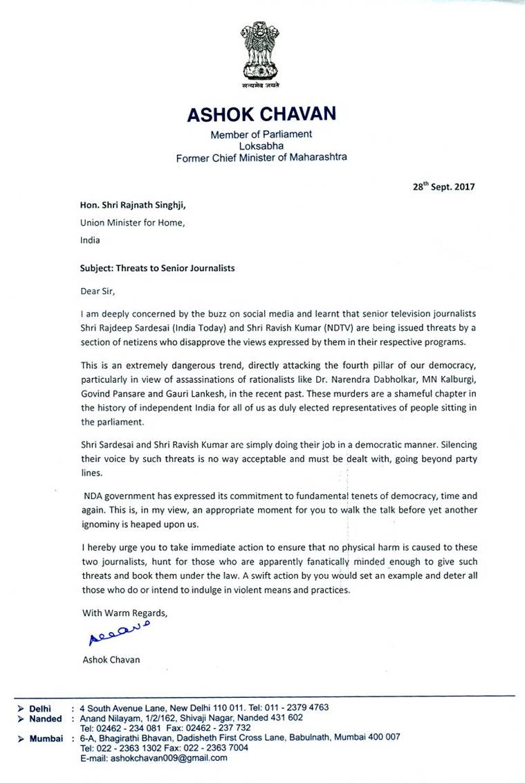 ashok chavan letter to rajnathj singh