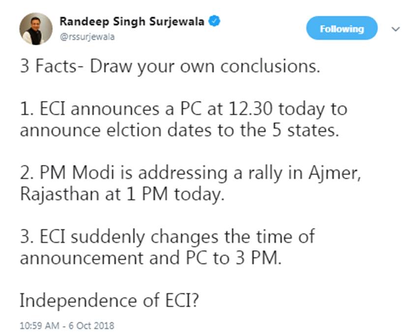 Election Commission of India, ECI, Press Conference, Election Dates, Change, Congress, Doubt, Randeep Singh Surjewala, 5 States, Assembly Elections, Madhya Pradesh, Rajasthan, Chhattisgarh, Mizoram, PM, Narendra Modi, Rally, Ajmer, Rajasthan, Independence, ECI, India News, National News, Hindi News