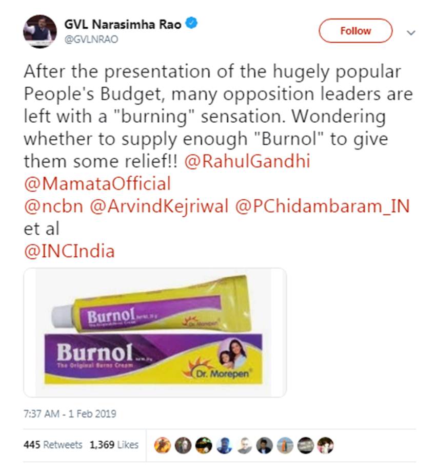 Budget 2019, GVL Narasimha Rao, BJP MP, Troll, Twitter, Picture, Burnol, Opposition Leaders, Rahul Gandhi, Arvind Kejriwal, Mamata Banarjee, Chandrababu Naidu, P Chidambaram, Trending News, Hindi News