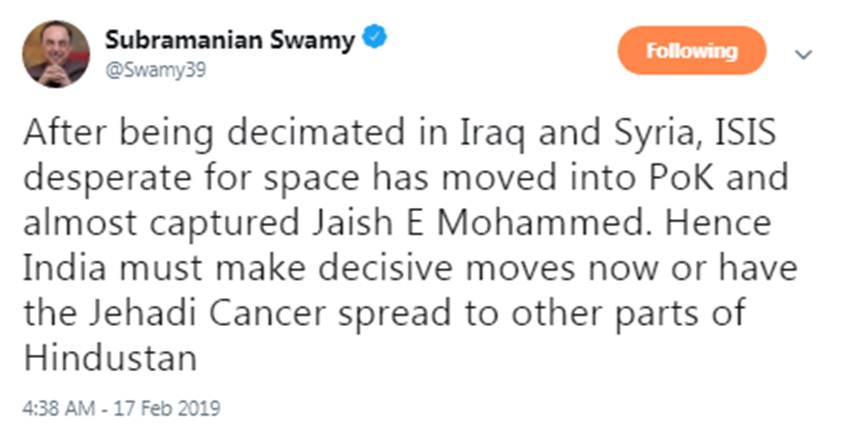 Pulwama Attack, Subramanian Swamy, BJP, MP, Greater Opportunity, Ceasefire Line, Muzzafarabad, PoK, Israel, Drone, Bomb, Mualana Masood Azhar, Abolish, Article 370, Tweet, Trending News, National News, India News, Hindi News