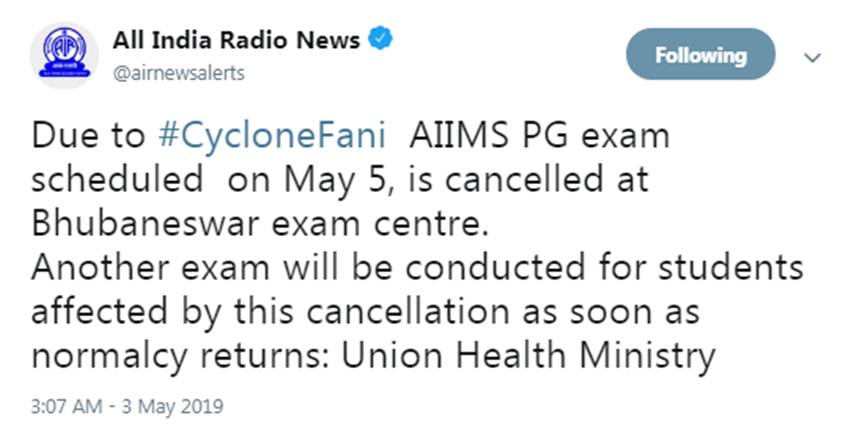 fani, cyclone fani, aiims bhubaneswar, hostel, terrace, pg exam cancelled, hostel roof, aiims, exam, india news, national news, hindi news