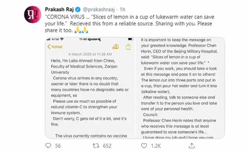 prakash raj, Coronavirus, coronavirus symptoms, Prakash Raj twitter, coronavirus update, coronavirus in india, प्रकाश राज , कोरोनावायरस