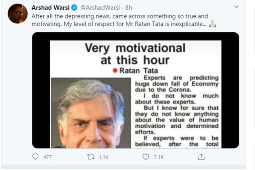 arshad warsi, Ratan Tata, arshad warsi shares fake twitter post, Ratan Tata Whatsapp Post,Ratan Tata quotes,Ratan Tata Post on Corona, रतन टाटा, अरशद वारसी, bollywood news