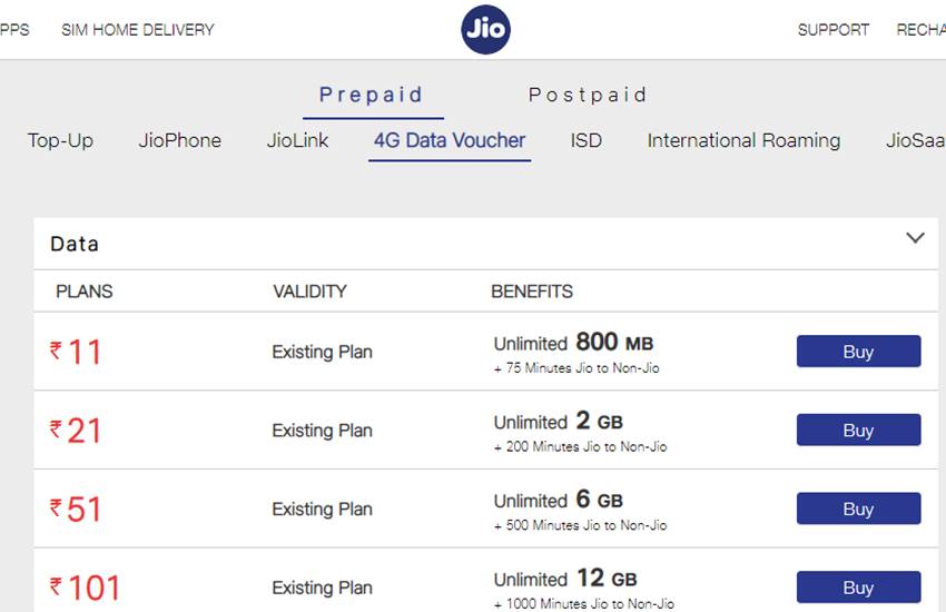 Reliance Jio Data Booster Plans