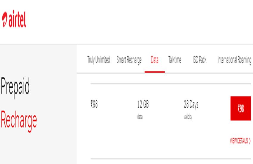 Airtel 98 Plan, Airtel Prepaid Plans