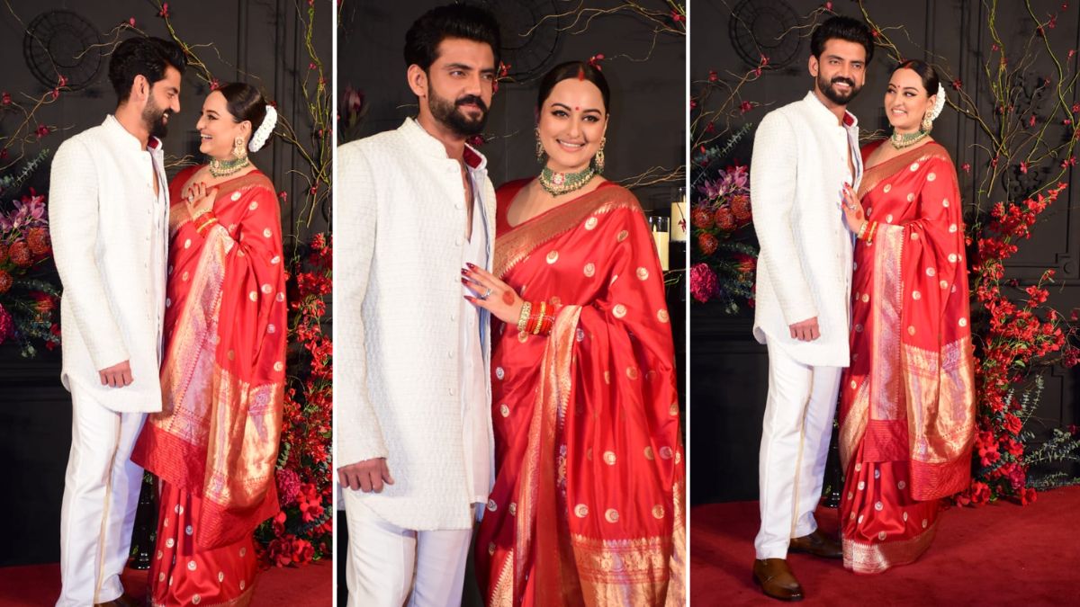 Sonakshi Sinha and Zaheer Iqbal Reception Photo Actress looks Pretty in Red  Saree And Gajra | Jansatta